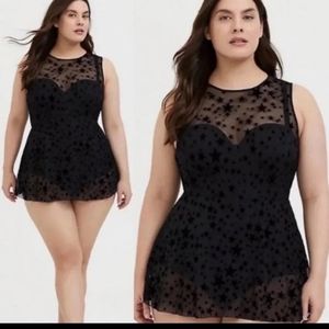 Torrid Size 2 D/DD Black Star Mesh Peplum Swimsuit